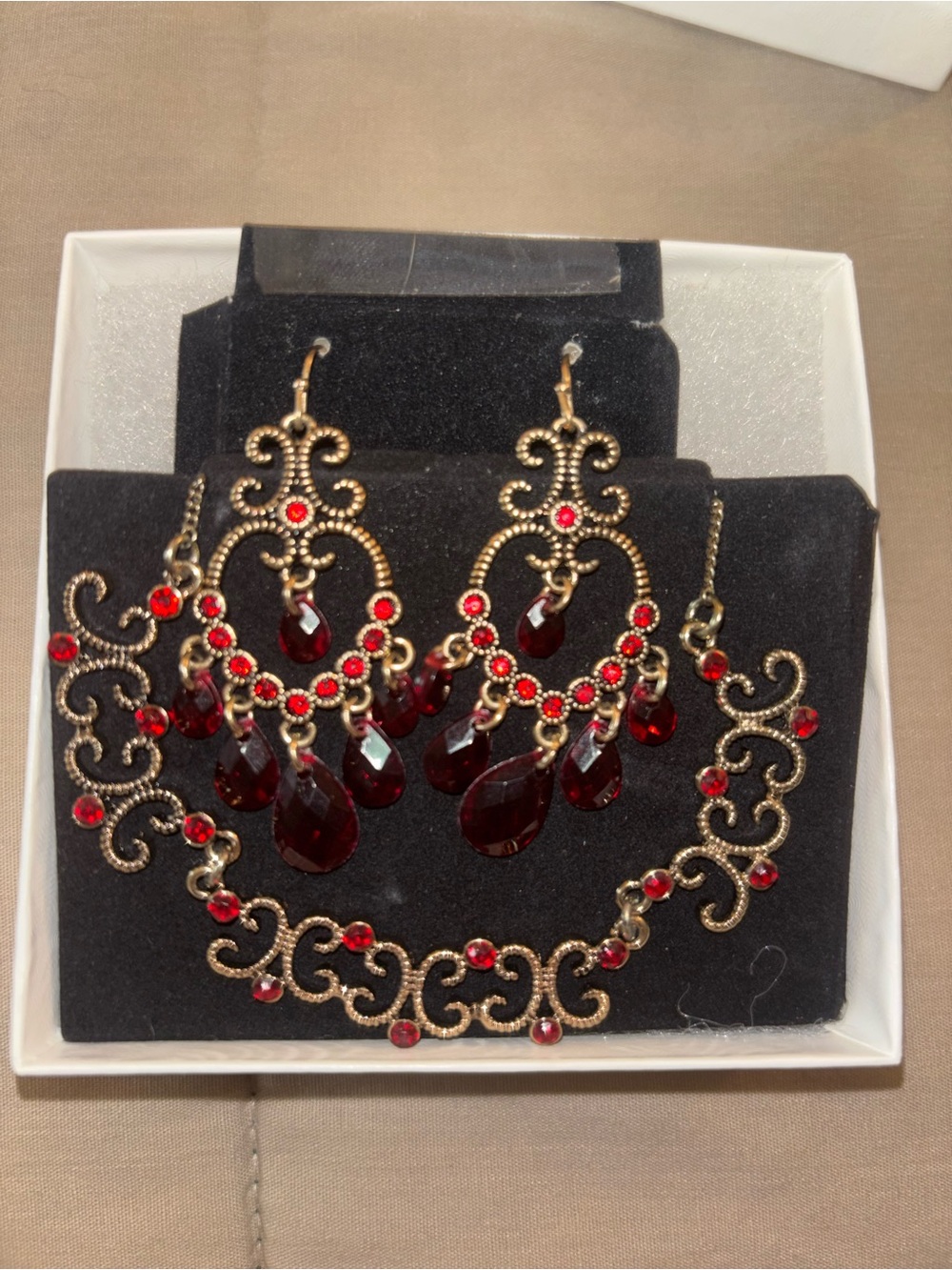 Avon Gold-Tone Red Crystal Chandelier Earrings